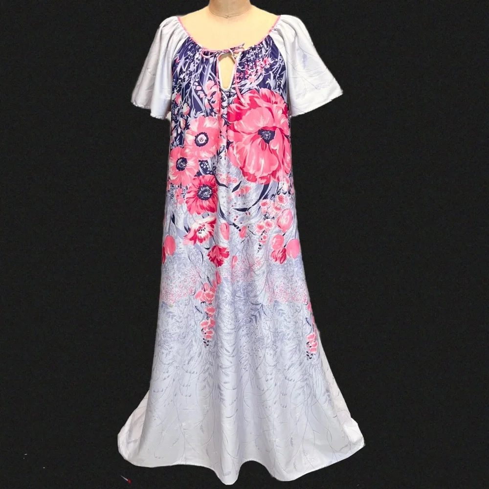VINTAGE 60s 70s floral house dress nightgown long maxi short flutter sleeve